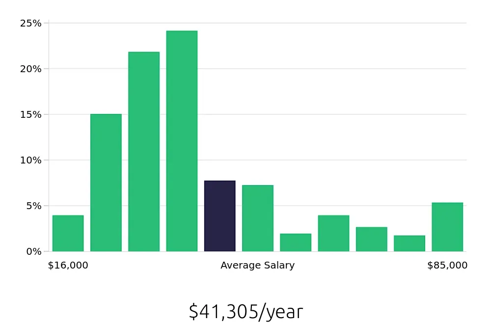 Graph depicting the yearly salary distribution for Server jobs in Charleston, SC, showing an average salary of $41,305 with varying distribution percentages across salary ranges.