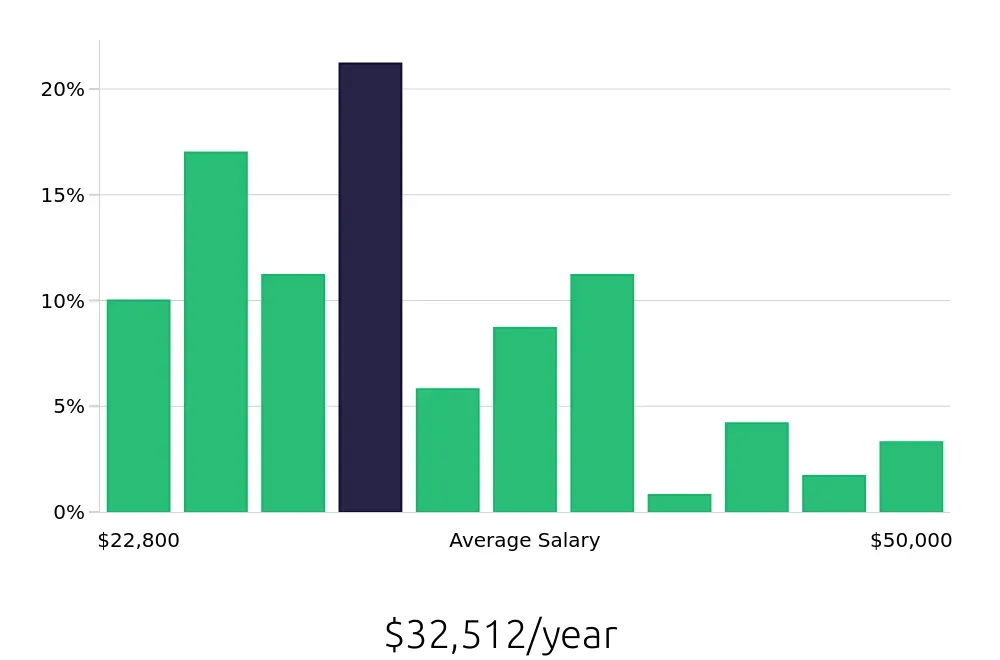 Graph depicting the yearly salary distribution for Server jobs in Conway, AR, showing an average salary of $32,512 with varying distribution percentages across salary ranges.