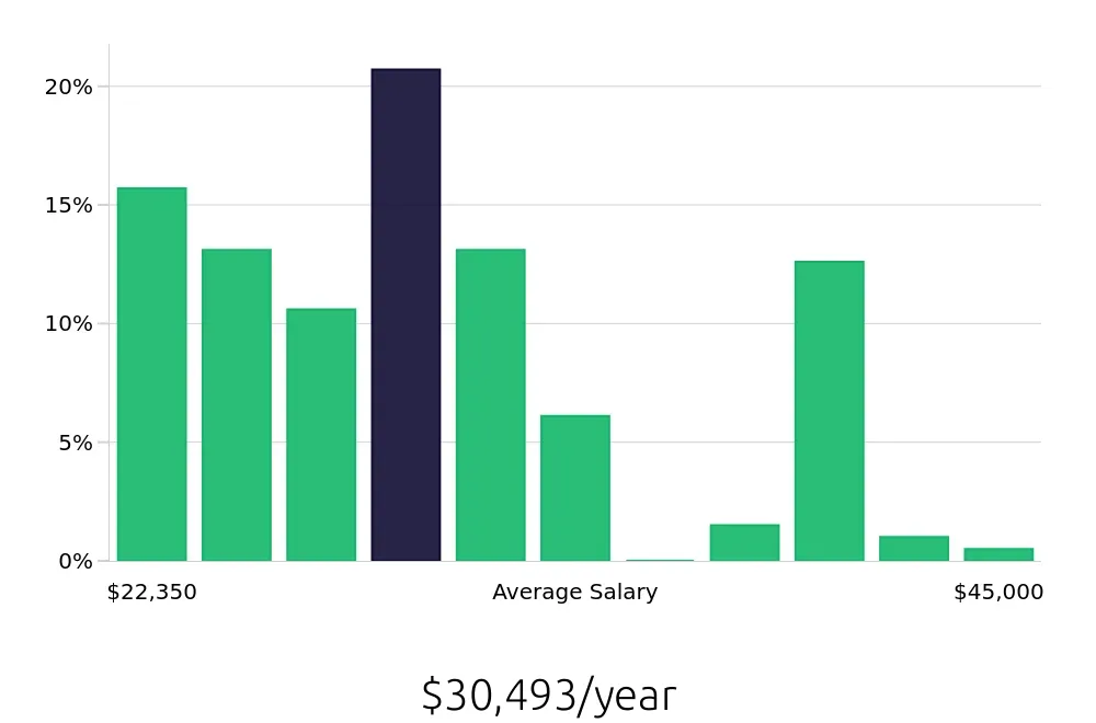 Graph depicting the yearly salary distribution for Server jobs in Council Bluffs, IA, showing an average salary of $30,493 with varying distribution percentages across salary ranges.
