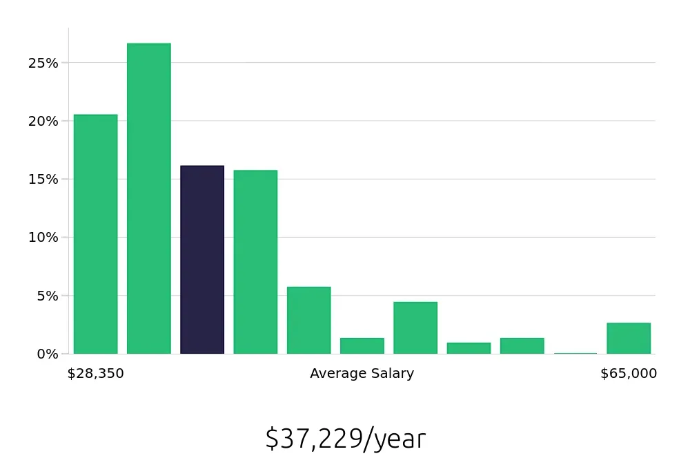 Graph depicting the yearly salary distribution for Server jobs in Danbury, CT, showing an average salary of $37,229 with varying distribution percentages across salary ranges.