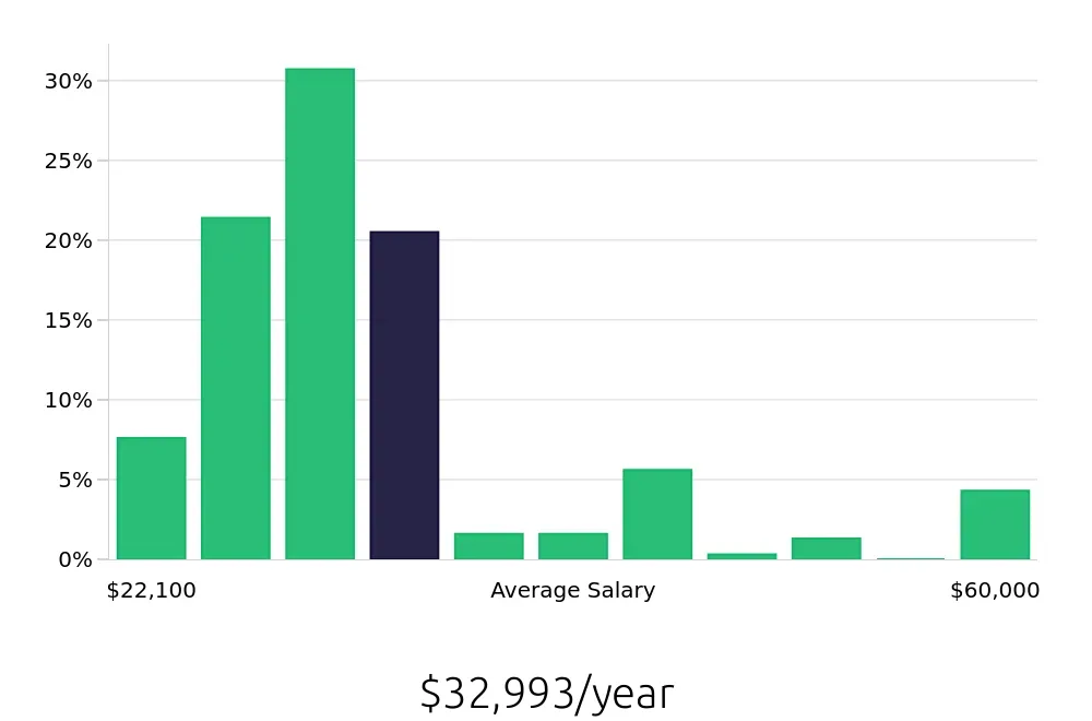 Graph depicting the yearly salary distribution for Server jobs in Dublin, OH, showing an average salary of $32,993 with varying distribution percentages across salary ranges.
