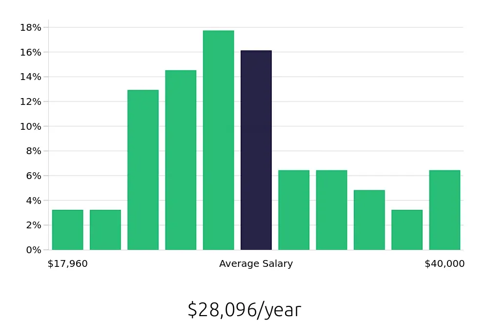 Graph depicting the yearly salary distribution for Server jobs in Dunedin, FL, showing an average salary of $28,096 with varying distribution percentages across salary ranges.