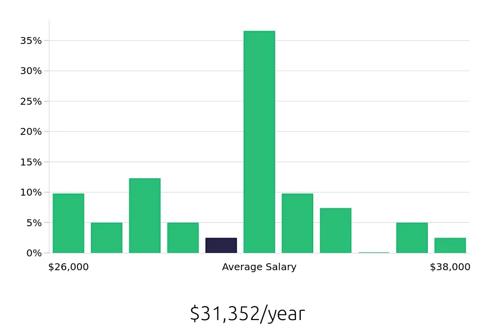 Graph depicting the yearly salary distribution for Server jobs in East Syracuse, NY, showing an average salary of $31,352 with varying distribution percentages across salary ranges.