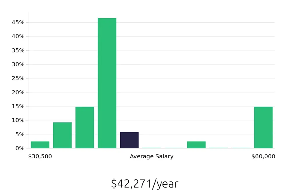 Graph depicting the yearly salary distribution for Server jobs in Everett, MA, showing an average salary of $42,271 with varying distribution percentages across salary ranges.