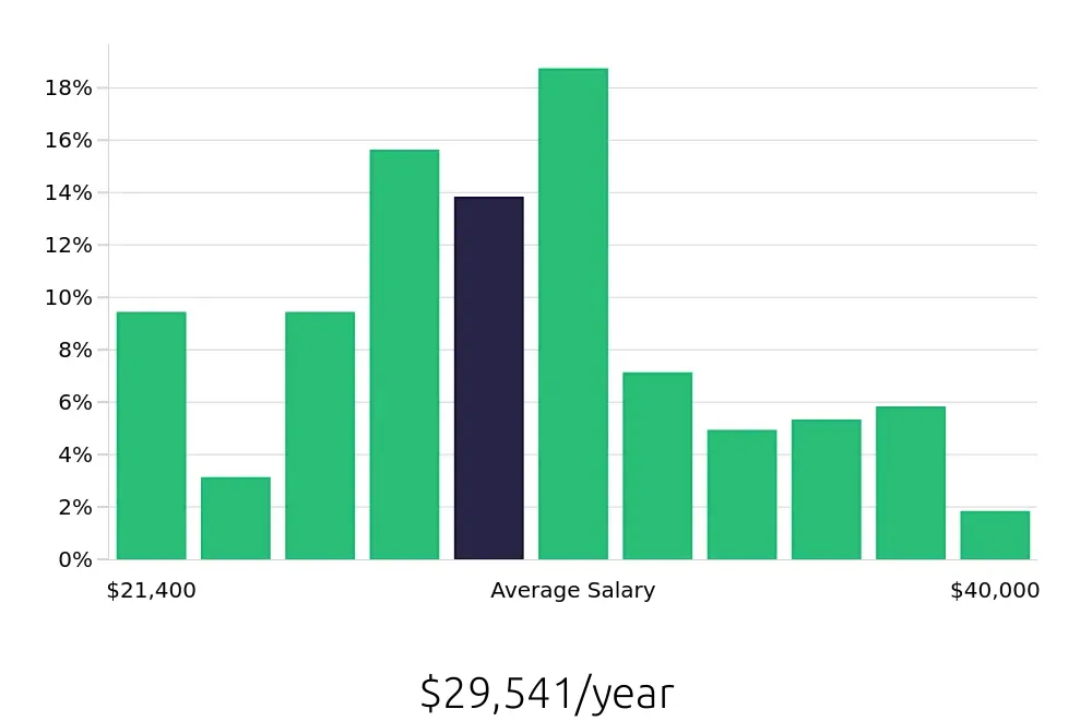 Graph depicting the yearly salary distribution for Server jobs in Gastonia, NC, showing an average salary of $29,541 with varying distribution percentages across salary ranges.