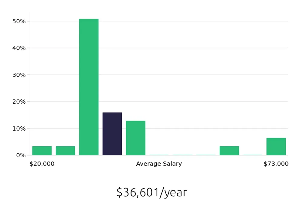 Graph depicting the yearly salary distribution for Server jobs in Geneva, NY, showing an average salary of $36,601 with varying distribution percentages across salary ranges.