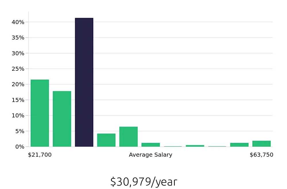 Graph depicting the yearly salary distribution for Server jobs in Goodyear, AZ, showing an average salary of $30,979 with varying distribution percentages across salary ranges.
