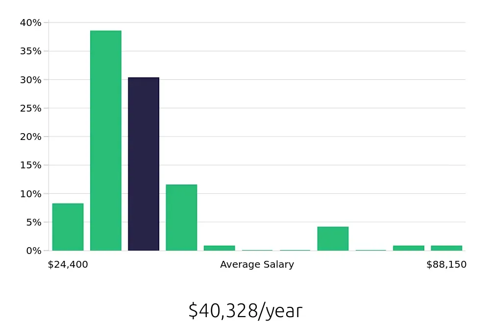 Graph depicting the yearly salary distribution for Server jobs in Hackensack, NJ, showing an average salary of $40,328 with varying distribution percentages across salary ranges.