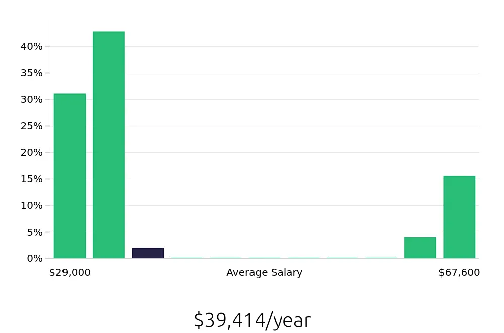 Graph depicting the yearly salary distribution for Server jobs in Hempstead, NY, showing an average salary of $39,414 with varying distribution percentages across salary ranges.