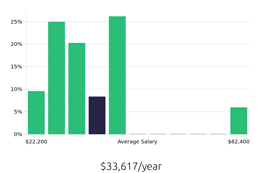 Graph depicting the yearly salary distribution for Server jobs in Henderson, KY, showing an average salary of $33,617 with varying distribution percentages across salary ranges.