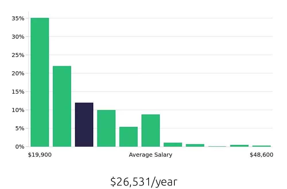 Graph depicting the yearly salary distribution for Server jobs in Henderson, NV, showing an average salary of $26,531 with varying distribution percentages across salary ranges.