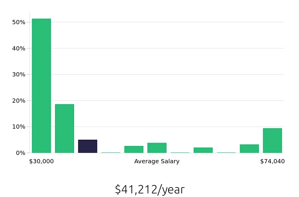 Graph depicting the yearly salary distribution for Server jobs in Hillsboro, OR, showing an average salary of $41,212 with varying distribution percentages across salary ranges.