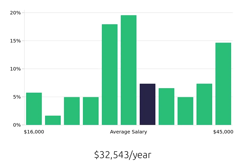 Graph depicting the yearly salary distribution for Server jobs in Holly Springs, NC, showing an average salary of $32,543 with varying distribution percentages across salary ranges.