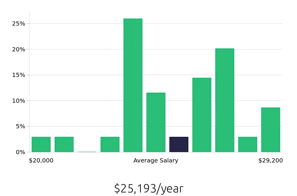 Graph depicting the yearly salary distribution for Server jobs in Hopkinsville, KY, showing an average salary of $25,193 with varying distribution percentages across salary ranges.