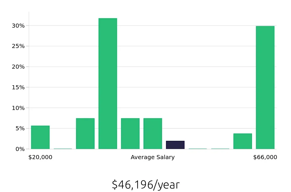 Graph depicting the yearly salary distribution for Server jobs in Huntington, NY, showing an average salary of $46,196 with varying distribution percentages across salary ranges.