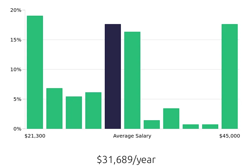 Graph depicting the yearly salary distribution for Server jobs in Hutchinson, KS, showing an average salary of $31,689 with varying distribution percentages across salary ranges.