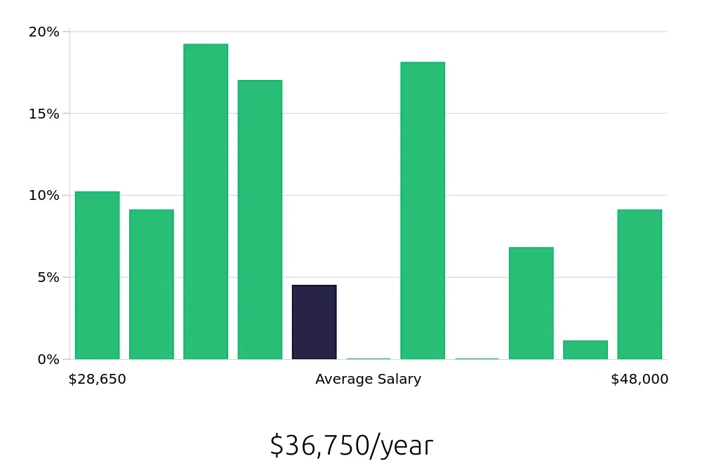 Graph depicting the yearly salary distribution for Server jobs in Hyattsville, MD, showing an average salary of $36,750 with varying distribution percentages across salary ranges.