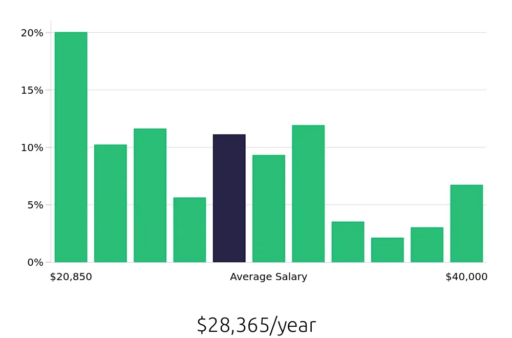Graph depicting the yearly salary distribution for Server jobs in Johnson City, TN, showing an average salary of $28,365 with varying distribution percentages across salary ranges.