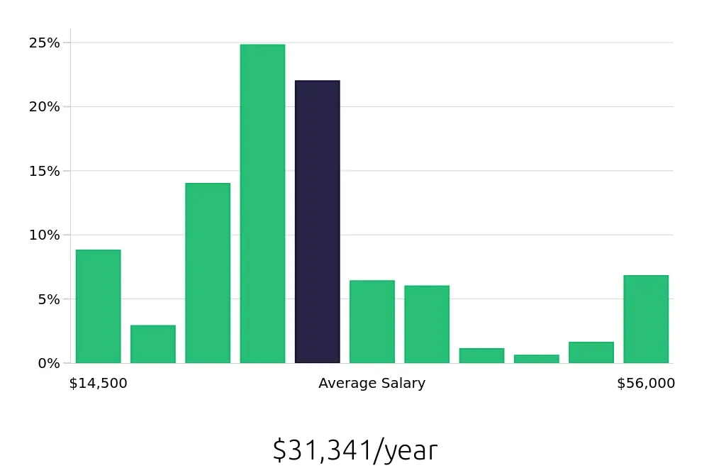 Graph depicting the yearly salary distribution for Server jobs in Knoxville, TN, showing an average salary of $31,341 with varying distribution percentages across salary ranges.
