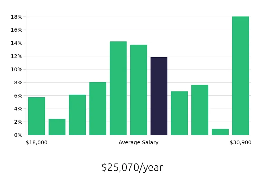 Graph depicting the yearly salary distribution for Server jobs in LaGrange, GA, showing an average salary of $25,070 with varying distribution percentages across salary ranges.