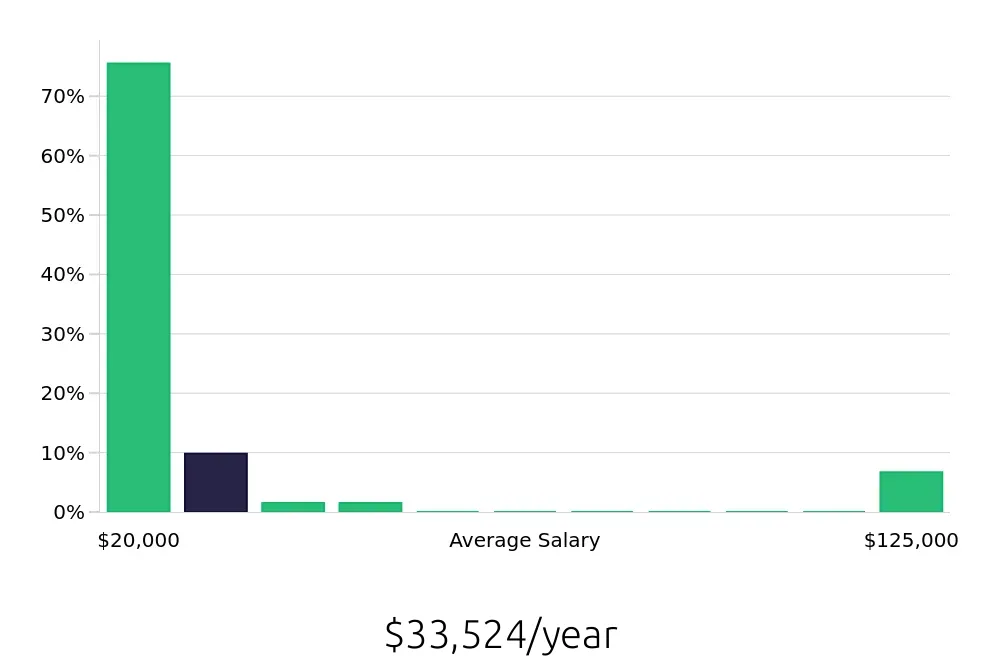 Graph depicting the yearly salary distribution for Server jobs in Lake Charles, LA, showing an average salary of $33,524 with varying distribution percentages across salary ranges.