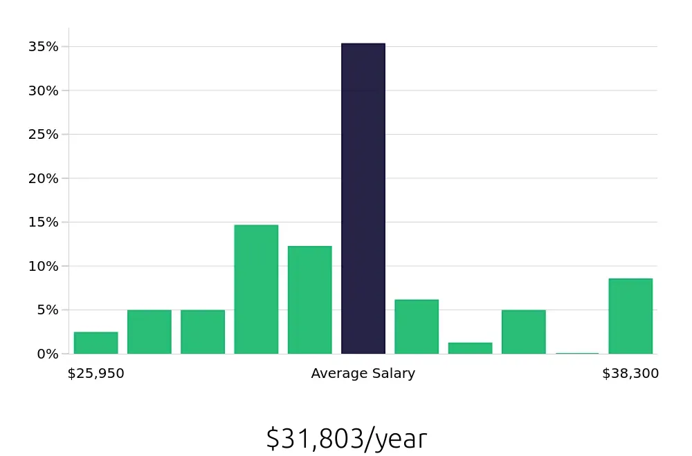 Graph depicting the yearly salary distribution for Server jobs in Lake Havasu City, AZ, showing an average salary of $31,803 with varying distribution percentages across salary ranges.
