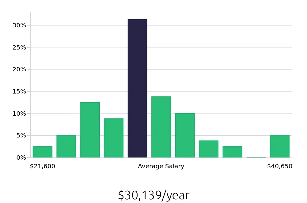 Graph depicting the yearly salary distribution for Server jobs in Lancaster, OH, showing an average salary of $30,139 with varying distribution percentages across salary ranges.
