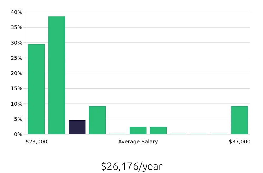 Graph depicting the yearly salary distribution for Server jobs in Lehigh Acres, FL, showing an average salary of $26,176 with varying distribution percentages across salary ranges.