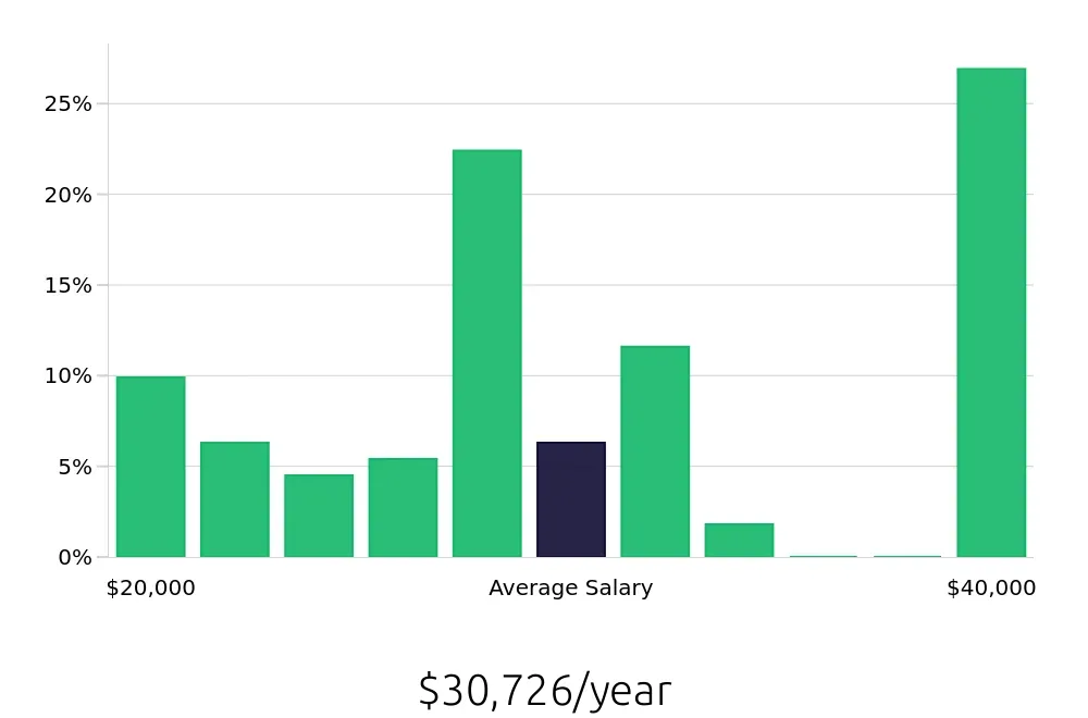 Graph depicting the yearly salary distribution for Server jobs in Lexington, NC, showing an average salary of $30,726 with varying distribution percentages across salary ranges.