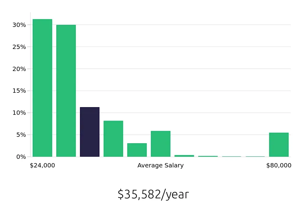 Graph depicting the yearly salary distribution for Server jobs in Lincoln, NE, showing an average salary of $35,582 with varying distribution percentages across salary ranges.