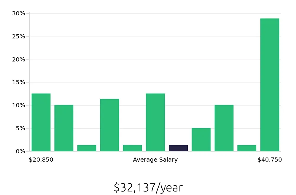 Graph depicting the yearly salary distribution for Server jobs in Lithonia, GA, showing an average salary of $32,137 with varying distribution percentages across salary ranges.