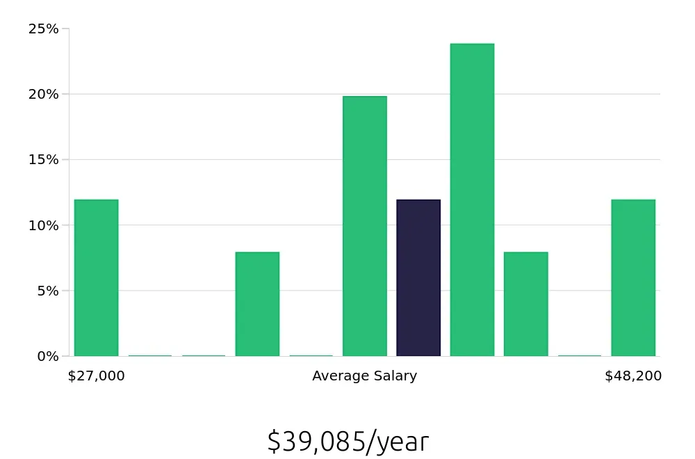 Graph depicting the yearly salary distribution for Server jobs in Lorton, VA, showing an average salary of $39,085 with varying distribution percentages across salary ranges.