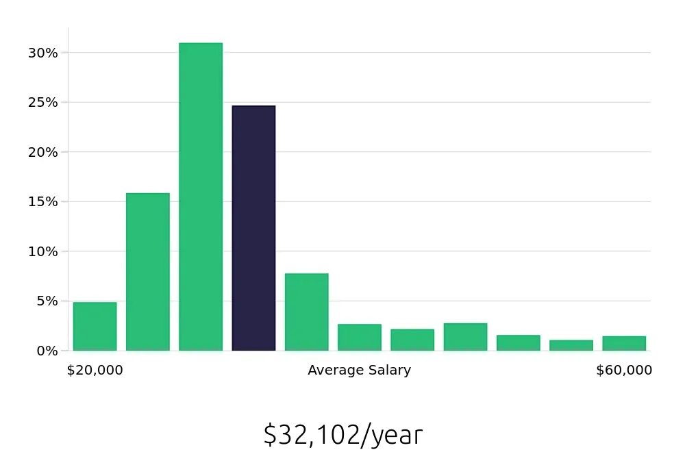 Graph depicting the yearly salary distribution for Server jobs in Louisville, KY, showing an average salary of $32,102 with varying distribution percentages across salary ranges.
