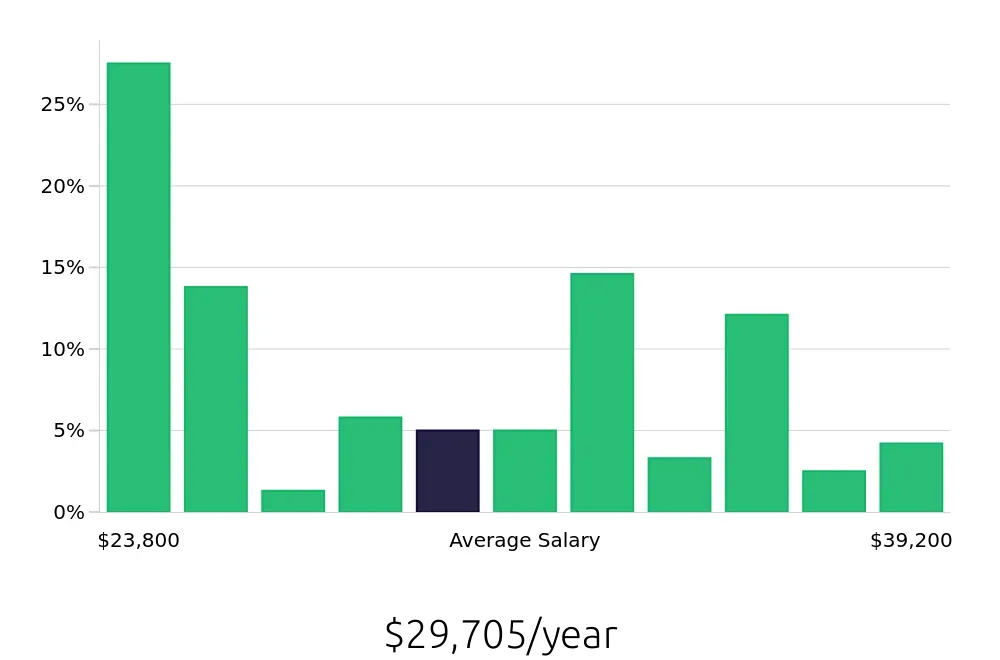 Graph depicting the yearly salary distribution for Server jobs in Lynchburg, VA, showing an average salary of $29,705 with varying distribution percentages across salary ranges.