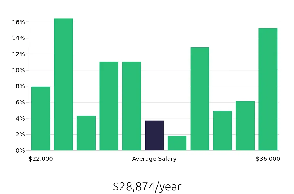 Graph depicting the yearly salary distribution for Server jobs in Madison, MS, showing an average salary of $28,874 with varying distribution percentages across salary ranges.