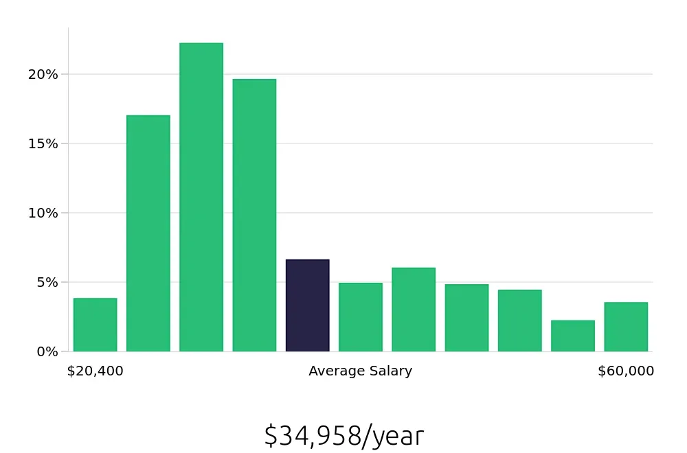 Graph depicting the yearly salary distribution for Server jobs in Madison, WI, showing an average salary of $34,958 with varying distribution percentages across salary ranges.