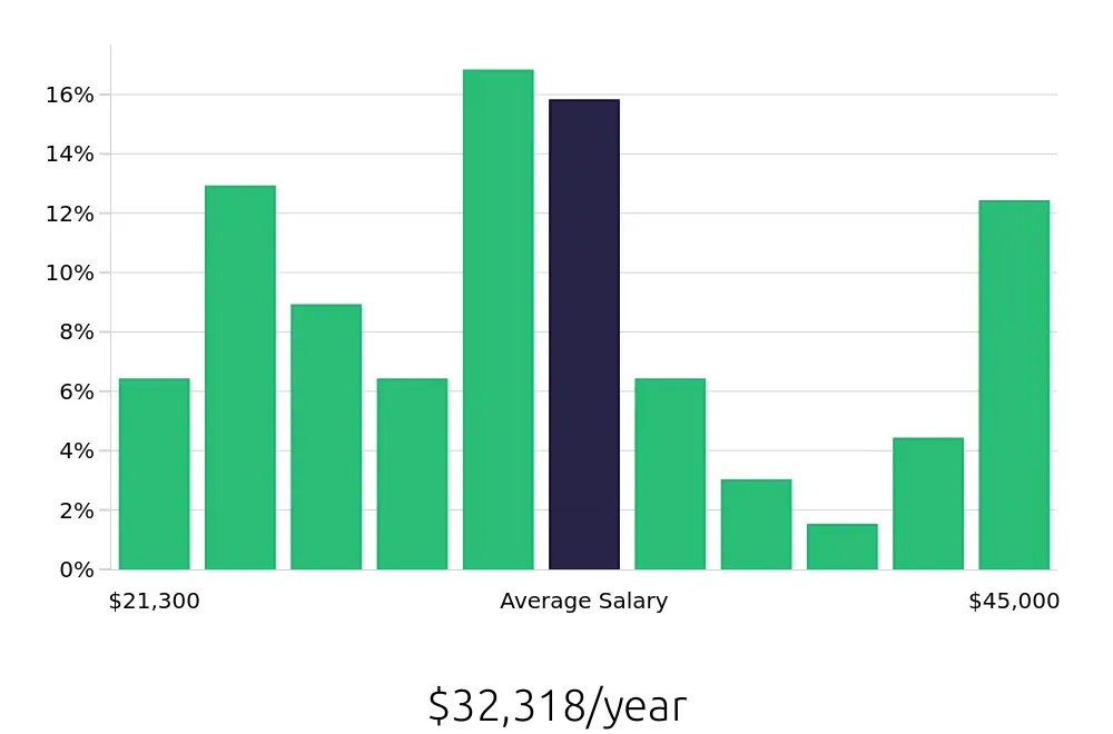 Graph depicting the yearly salary distribution for Server jobs in Manhattan, KS, showing an average salary of $32,318 with varying distribution percentages across salary ranges.