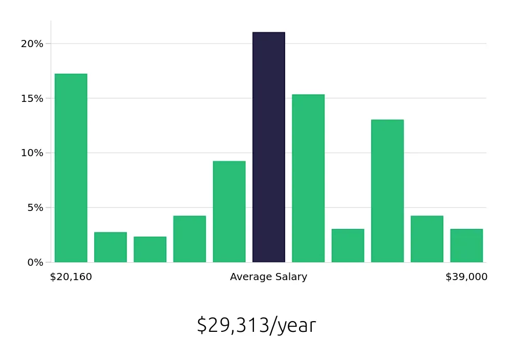 Graph depicting the yearly salary distribution for Server jobs in Maple Grove, MN, showing an average salary of $29,313 with varying distribution percentages across salary ranges.