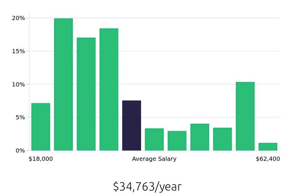 Graph depicting the yearly salary distribution for Server jobs in Marietta, GA, showing an average salary of $34,763 with varying distribution percentages across salary ranges.