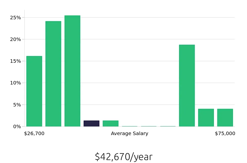Graph depicting the yearly salary distribution for Server jobs in Melville, NY, showing an average salary of $42,670 with varying distribution percentages across salary ranges.