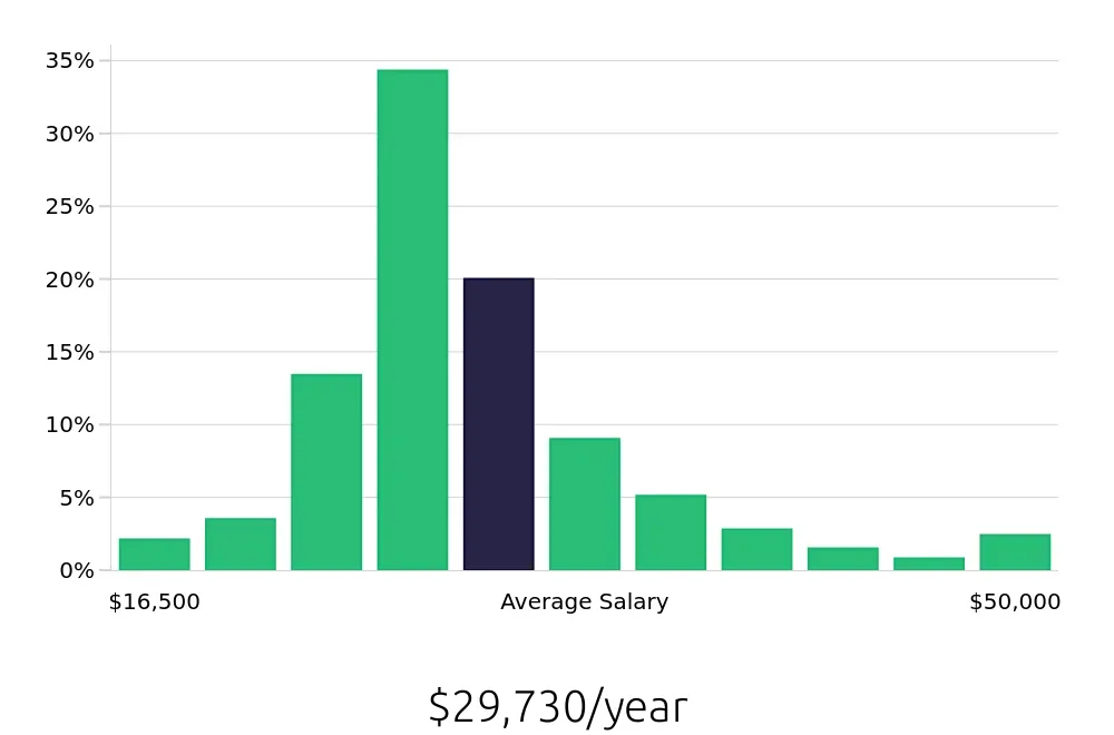Graph depicting the yearly salary distribution for Server jobs in Memphis, TN, showing an average salary of $29,730 with varying distribution percentages across salary ranges.