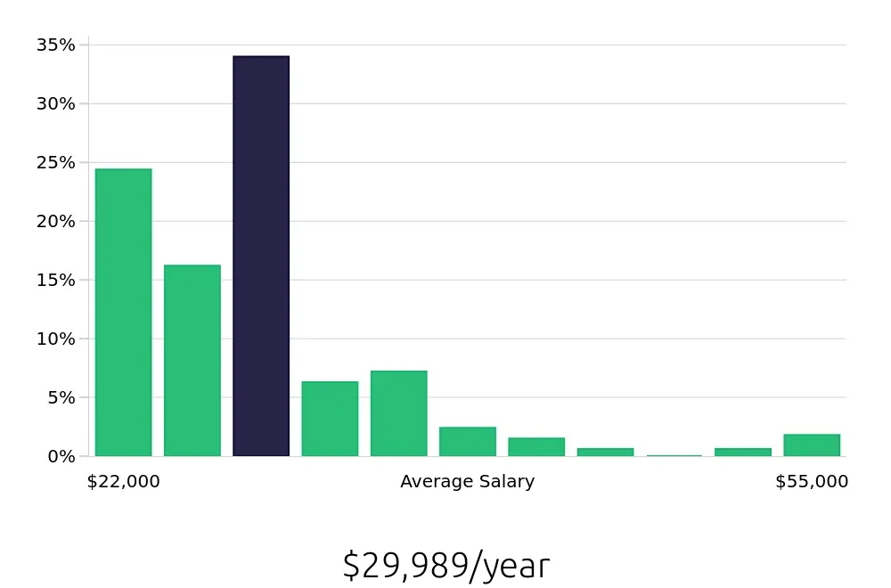 Graph depicting the yearly salary distribution for Server jobs in Mentor, OH, showing an average salary of $29,989 with varying distribution percentages across salary ranges.