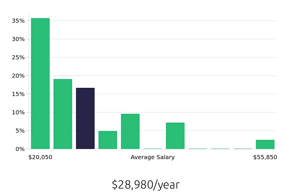 Graph depicting the yearly salary distribution for Server jobs in Monroe, LA, showing an average salary of $28,980 with varying distribution percentages across salary ranges.