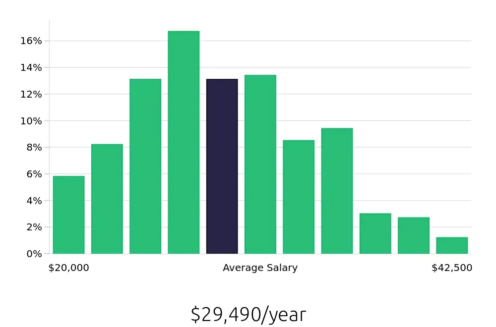 Graph depicting the yearly salary distribution for Server jobs in Morgantown, WV, showing an average salary of $29,490 with varying distribution percentages across salary ranges.