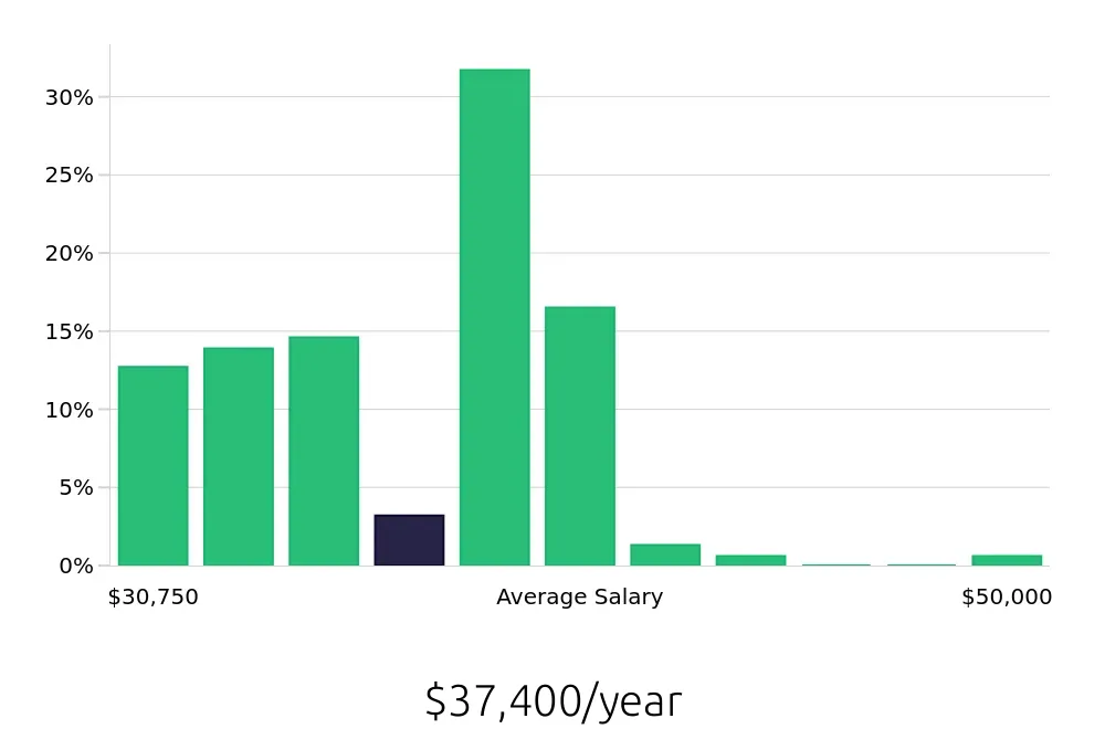 Graph depicting the yearly salary distribution for Server jobs in Mount Vernon, WA, showing an average salary of $37,400 with varying distribution percentages across salary ranges.