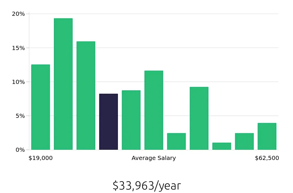 Graph depicting the yearly salary distribution for Server jobs in Newnan, GA, showing an average salary of $33,963 with varying distribution percentages across salary ranges.