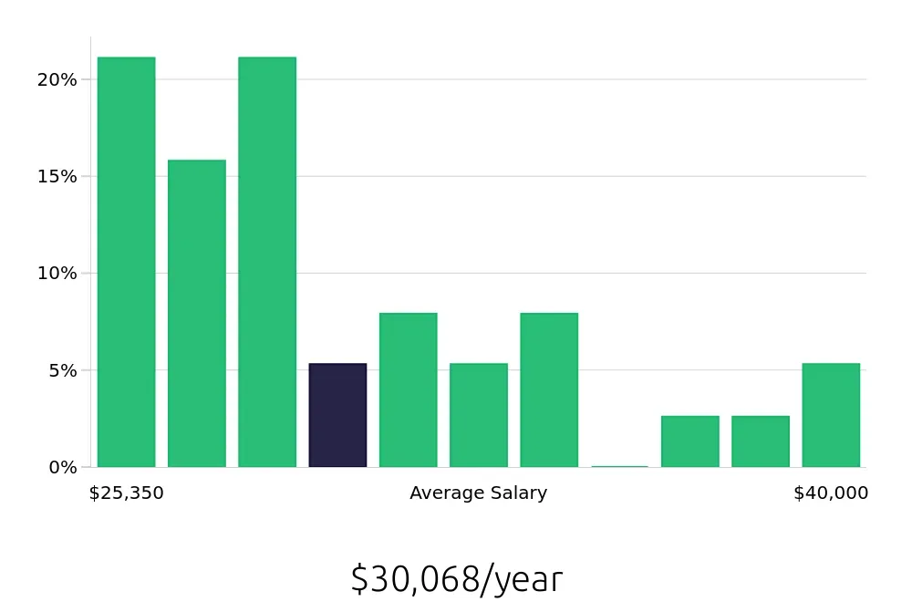 Graph depicting the yearly salary distribution for Server jobs in Norfolk, NE, showing an average salary of $30,068 with varying distribution percentages across salary ranges.