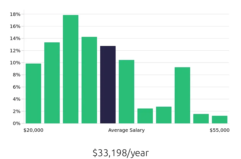 Graph depicting the yearly salary distribution for Server jobs in North Charleston, SC, showing an average salary of $33,198 with varying distribution percentages across salary ranges.