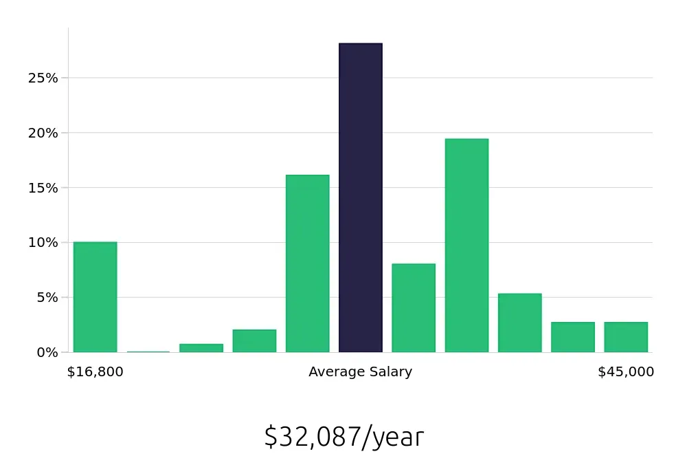 Graph depicting the yearly salary distribution for Server jobs in Northbrook, IL, showing an average salary of $32,087 with varying distribution percentages across salary ranges.