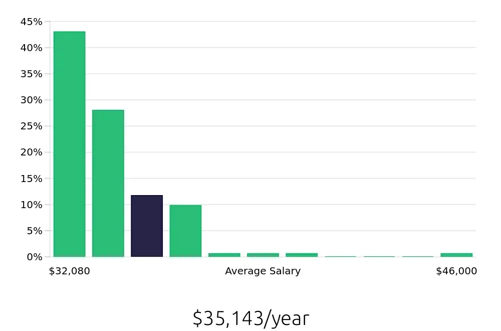 Graph depicting the yearly salary distribution for Server jobs in Northridge, CA, showing an average salary of $35,143 with varying distribution percentages across salary ranges.